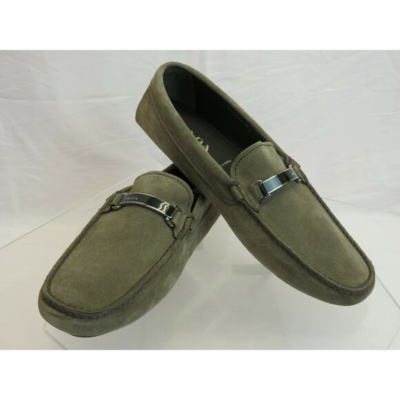 PRADA 2DD159 KHAKI FUMO SUEDE LOGO DRIVING MOCCASINS LOAFERS 8 / US 9 ITALY - Picture 7 of 12